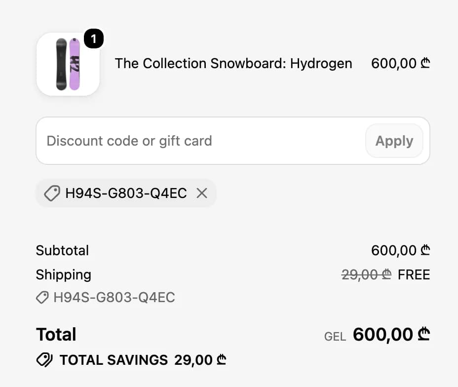 Checkout de Shopify con un código de DealCraft aplicado y envío gratis