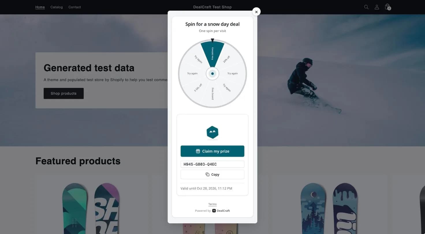 Un premio ganado en el pop-up de DealCraft con el botón para reclamarlo y el código