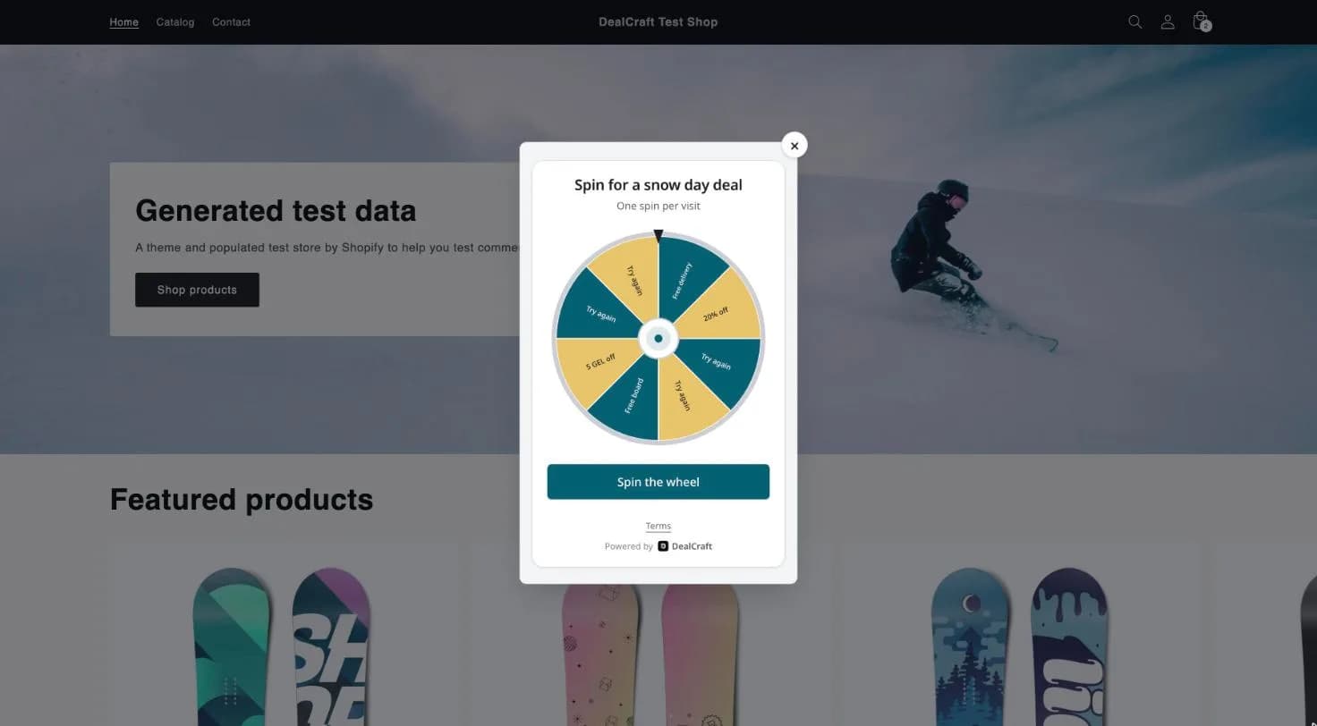 Una ruleta de DealCraft abierta como pop-up en una tienda Shopify